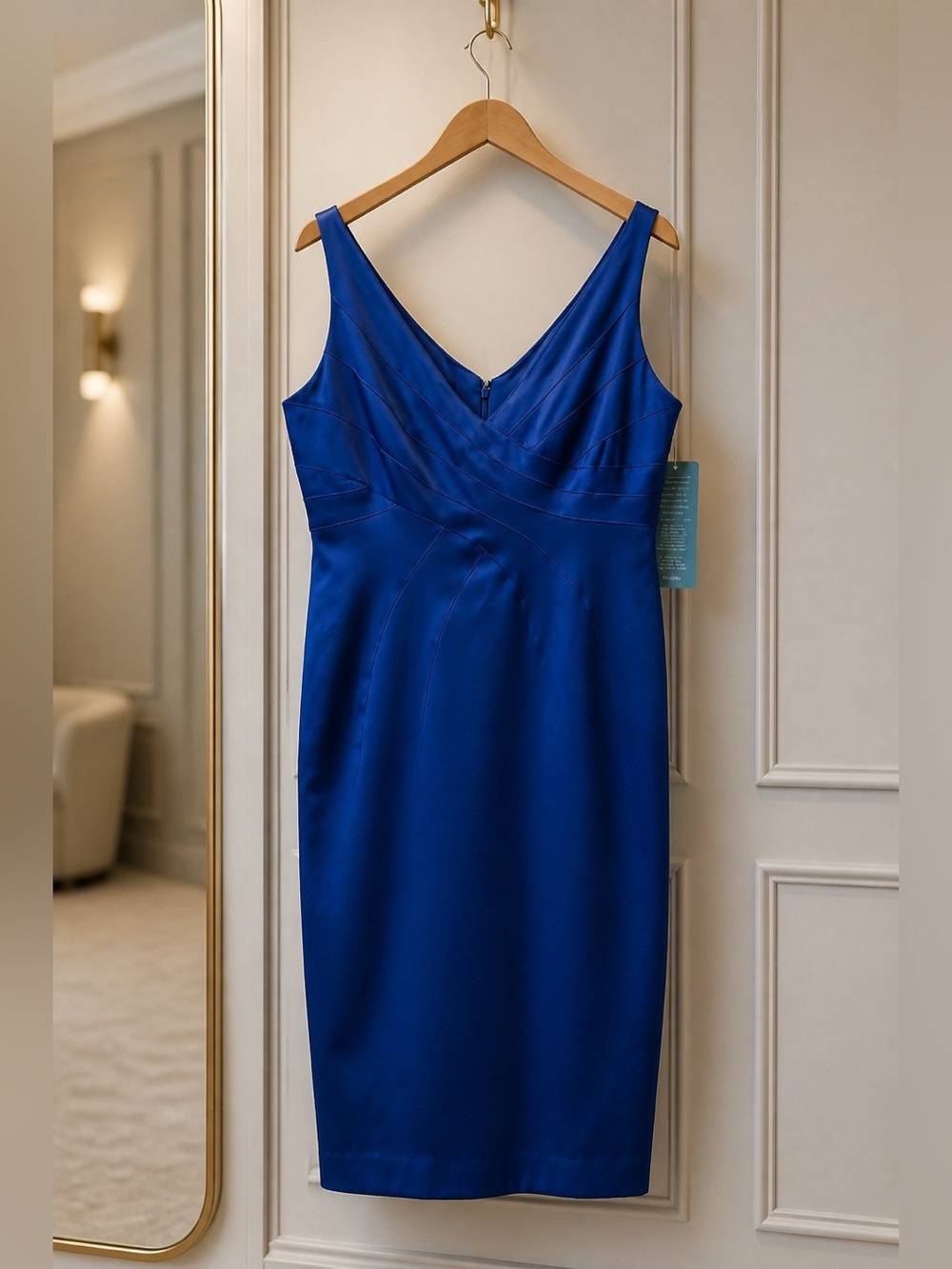 Jones Wear Cobalt Blue V-Neck Midi Sheath Dress